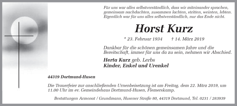  Traueranzeige für Horst Kurz vom 16.03.2019 aus Ruhr Nachrichten
