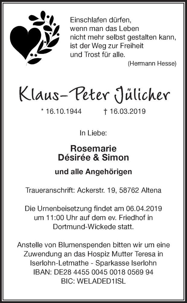  Traueranzeige für Klaus-Peter Jülicher vom 23.03.2019 aus Ruhr Nachrichten