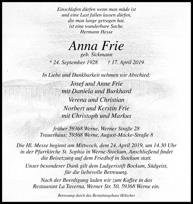  Traueranzeige für Anna Frie vom 23.04.2019 aus Ruhr Nachrichten