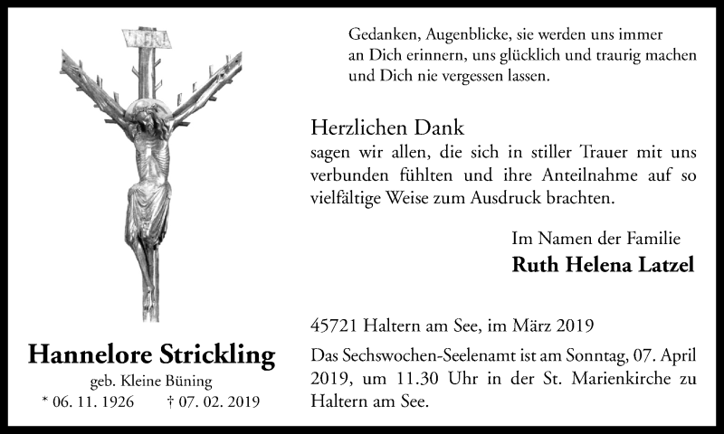  Traueranzeige für Hannelore Strickling vom 02.04.2019 aus Ruhr Nachrichten und Halterner Zeitung