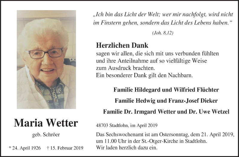  Traueranzeige für Maria Wetter vom 17.04.2019 aus Münstersche Zeitung und Münsterland Zeitung