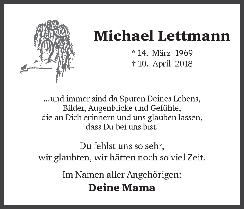  Traueranzeige für Michael Lettmann vom 10.04.2019 aus Ruhr Nachrichten