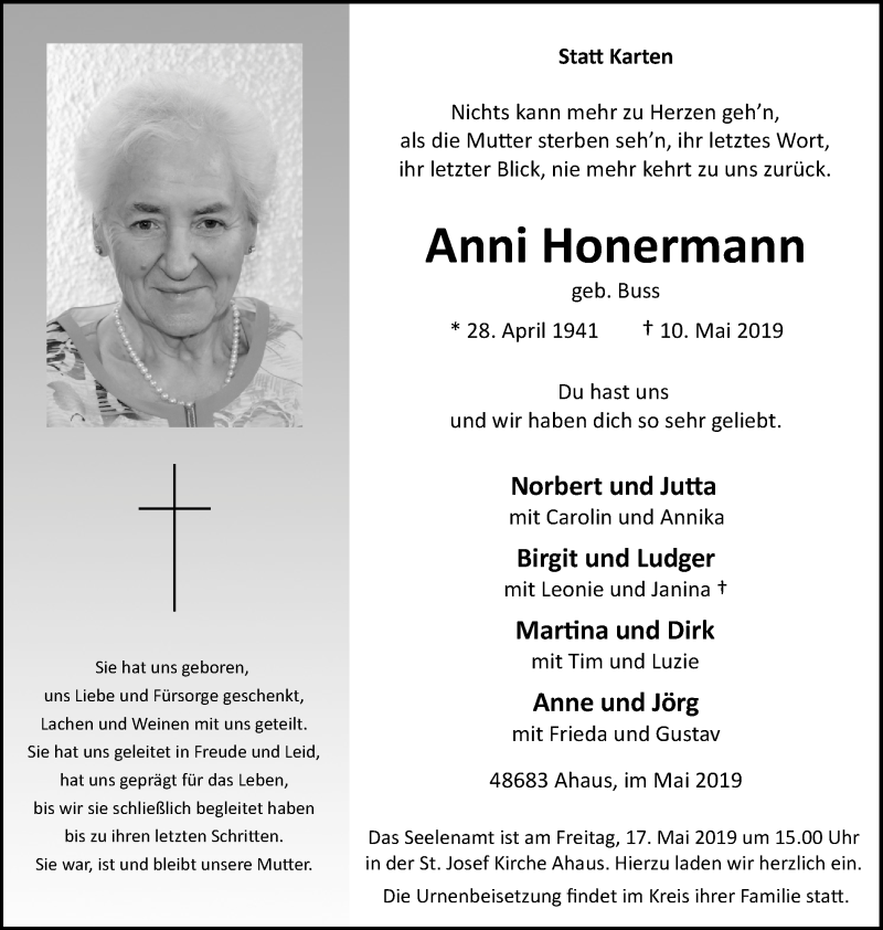  Traueranzeige für Anni Honermann vom 14.05.2019 aus Münstersche Zeitung und Münsterland Zeitung