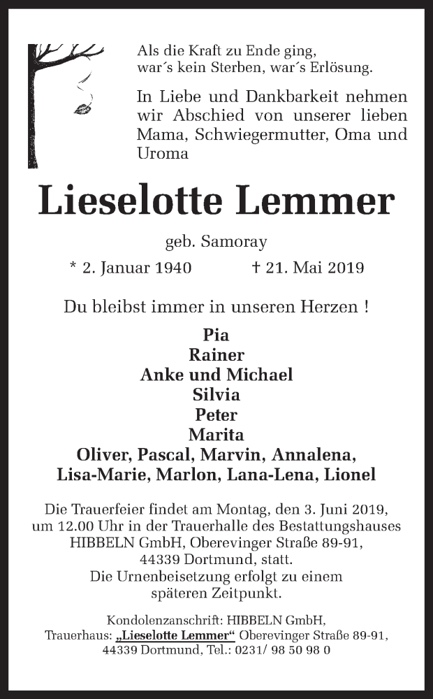  Traueranzeige für Lieselotte Lemmer vom 27.05.2019 aus Ruhr Nachrichten