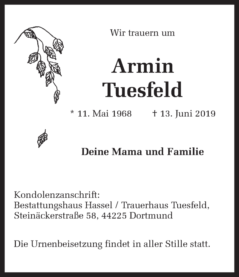  Traueranzeige für Armin Tuesfeld vom 19.06.2019 aus Ruhr Nachrichten