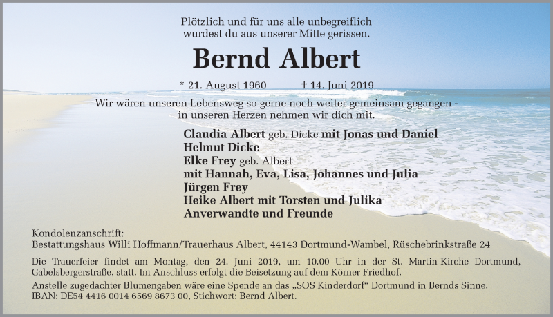  Traueranzeige für Bernd Albert vom 20.06.2019 aus Ruhr Nachrichten