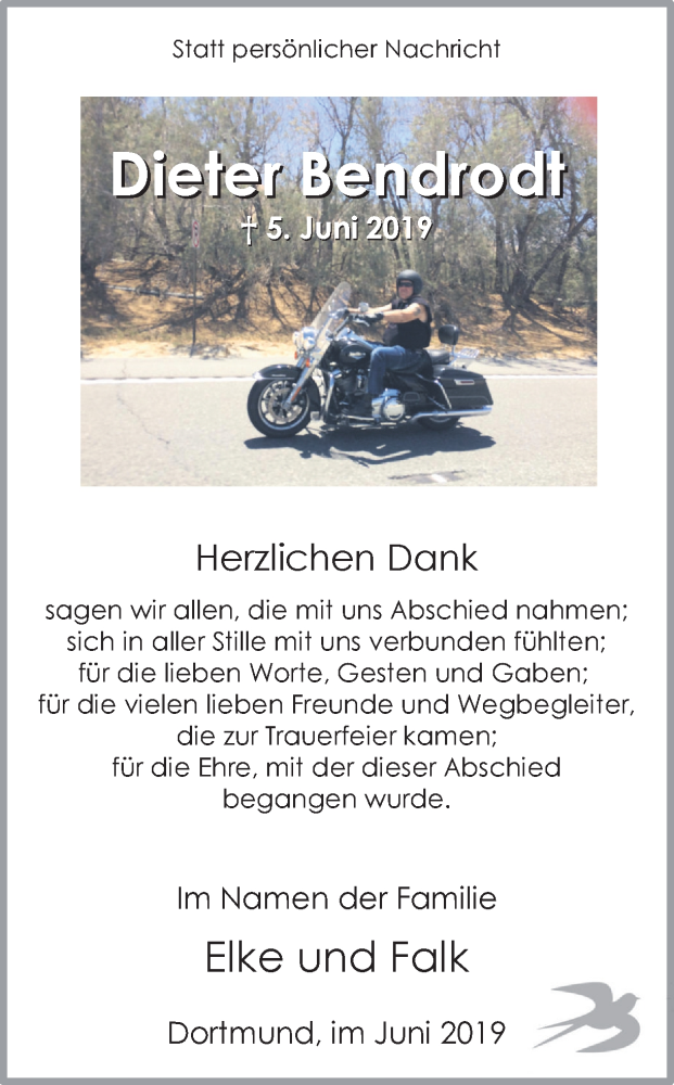  Traueranzeige für Dieter Bendrodt vom 22.06.2019 aus Ruhr Nachrichten