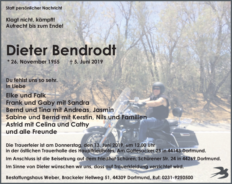  Traueranzeige für Dieter Bendrodt vom 08.06.2019 aus Ruhr Nachrichten