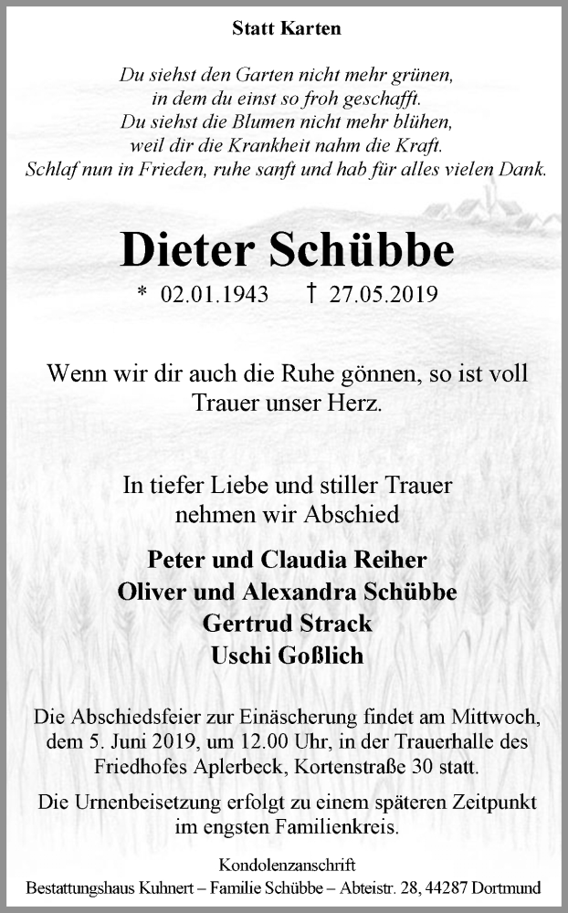  Traueranzeige für Dieter Schübbe vom 01.06.2019 aus Ruhr Nachrichten
