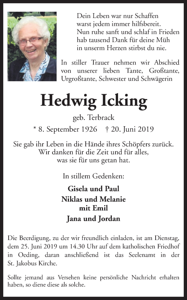  Traueranzeige für Hedwig Icking vom 22.06.2019 aus Münstersche Zeitung und Münsterland Zeitung
