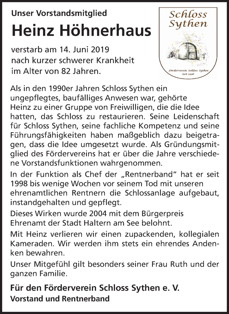  Traueranzeige für Heinz Höhnerhaus vom 19.06.2019 aus Ruhr Nachrichten und Halterner Zeitung