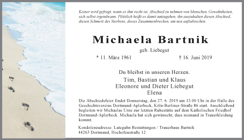  Traueranzeige für Michaela Bartnik vom 22.06.2019 aus Ruhr Nachrichten