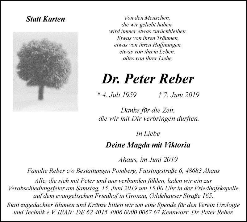 Traueranzeige für Peter Reber vom 13.06.2019 aus Münstersche Zeitung und Münsterland Zeitung