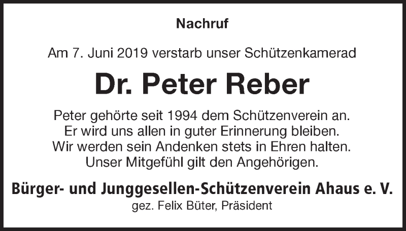  Traueranzeige für Peter Reber vom 15.06.2019 aus Münstersche Zeitung und Münsterland Zeitung