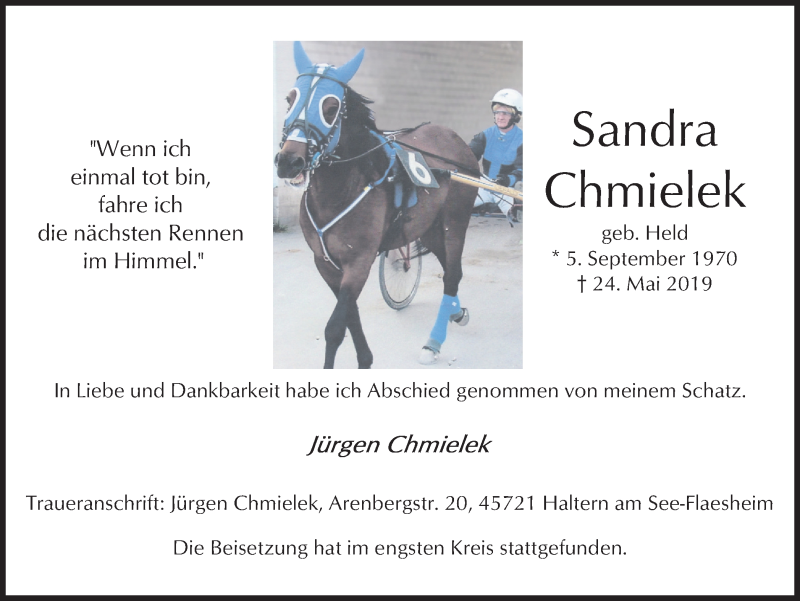  Traueranzeige für Sandra Chmielek vom 01.06.2019 aus Ruhr Nachrichten und Halterner Zeitung
