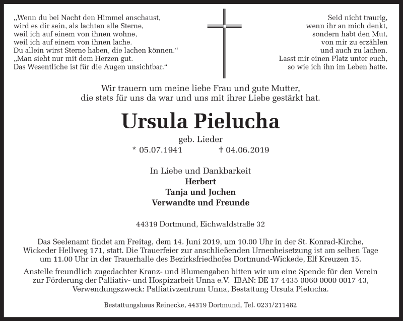  Traueranzeige für Ursula Pielucha vom 08.06.2019 aus Ruhr Nachrichten