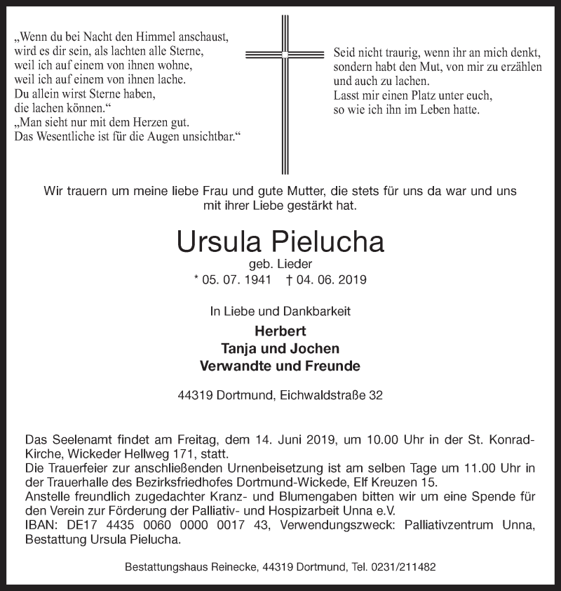  Traueranzeige für Ursula Pielucha vom 08.06.2019 aus Hellweger Anzeiger
