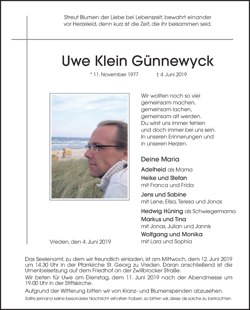  Traueranzeige für Uwe Klein Günnewyck vom 08.06.2019 aus Münstersche Zeitung und Münsterland Zeitung