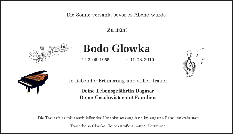  Traueranzeige für Bodo Glowka vom 22.06.2019 aus Ruhr Nachrichten